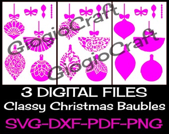 3 SVG DXF PNG Vector files, for Cameo, Cricut, laser cut 'Classy Christmas Baubles' for MixedMedia GelPrinting ArtJournal Scrapbooking