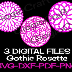 May include: Three digital files of Gothic Rosette designs in SVG, DXF, PDF, and PNG formats. The designs feature intricate, white, floral patterns on a pink background.