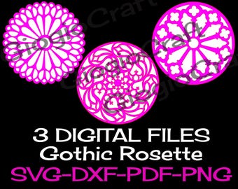 3 SVG DXF PNG Vector files, for Cameo, Cricut, laser cut 'Gothic Rosette' for MixedMedia GelPrinting ArtJournal Scrapbooking