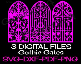 3 SVG DXF PNG Vector files, for Cameo, Cricut, laser cut 'Gothic Gates' for MixedMedia GelPrinting ArtJournal Scrapbooking