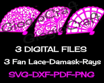 3 SVG DXF PNG Vector files, for Cameo, Cricut, laser cut 'Fan Lace, Damask, Rays' for MixedMedia GelPrinting ArtJournal Scrapbooking