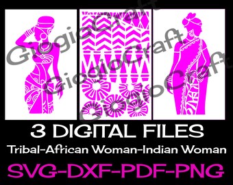 3 SVG DXF PNG Vector files, for Cameo, Cricut, laser cut 'Tribal, Indian, African Women' for MixedMedia GelPrinting ArtJournal Scrapbooking