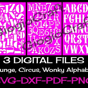 3 fichiers SVG DXF Vector, pour Cameo, Cricut, découpe laser 'Grunge, Circus, Wonky Alphabet' pour MixedMedia GelPrinting ArtJournal Scrapbooking