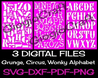 3 SVG DXF Vector files, for Cameo, Cricut, laser cut 'Grunge, Circus, Wonky Alphabet' for MixedMedia GelPrinting ArtJournal Scrapbooking
