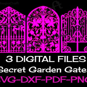 3 つの SVG DXF PNG ベクター ファイル、Cameo、Cricut、レーザー カットの「秘密の庭の門」、MixedMedia GelPrinting ArtJournal Scrapbooking 用