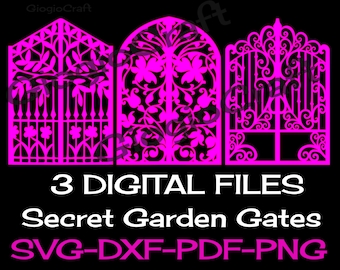 3 SVG DXF PNG Vector files, for Cameo, Cricut, laser cut 'Secret Garden Gates' for MixedMedia GelPrinting ArtJournal Scrapbooking