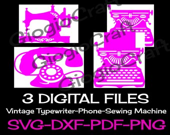 3 SVG DXF Vector files, for Cameo, Cricut, laser cut 'Vintage Typewriter, Phone, Sewing Machine' for MixedMedia ArtJournal Scrapbooking