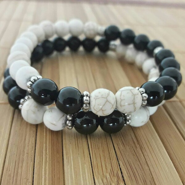 Yin and Yang Stack | Balancing Jewelry With Natural Black Obsidian and Howlite