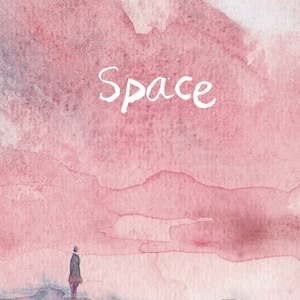 Può includere: Un dipinto ad acquerello di una persona in piedi in un paesaggio rosa e grigio. La parola "Space" è scritta in bianco nella parte superiore centrale dell'immagine.