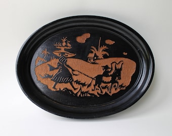 Vintage wood carved wall plaque. Vintage wood engraved wall picture. Tropical plantatio 1950's oval wood wall art. Donkey, fruit, pineapple.