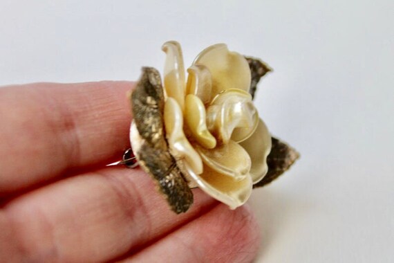 Vintage Czech bronze 3D pearlised rose leaf brooc… - image 6