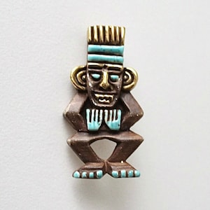 Vintage Godfrey Houston Aztec tribal wooden enamel gold teeth brooch. Tlaloc Xochipilli Mayan Inca Aztec gold turquoise warrior God brooch.