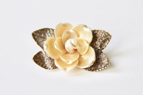 Vintage Czech bronze 3D pearlised rose leaf brooc… - image 1