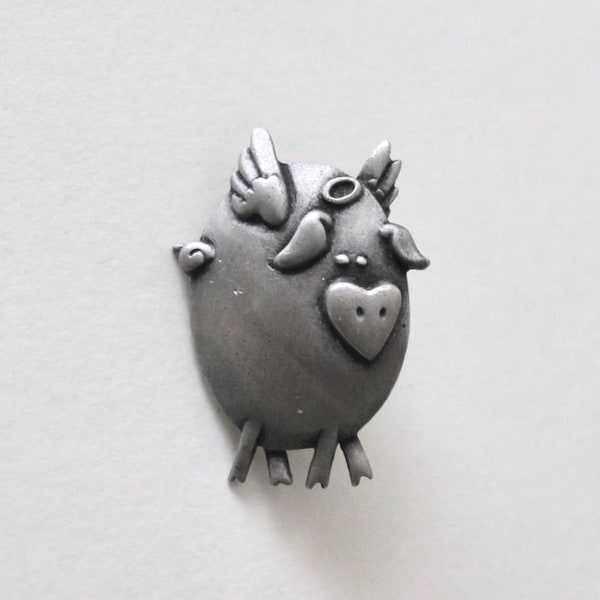 Vintage JJ Jonette Angel pig pewter lapel pin. Brooch, pin, tack brushed silver signed JJ Jonette Pig with halo and wings. Angelic pig pin.