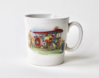 Vintage steam coach ceramic mug, Her Majesty by Burrell 1897 Steam Coach by Gurney 1827. 1970's white ceramic mug Victorian steampunk.