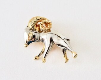 Vintage ram Aries two tone gold and silver brooch. Twist horned ram brooch. Zodiac Aries the Ram brooch. Silver ram brooch. Gold ram brooch.