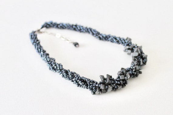 Vintage hematite grey metallic bead twist nugget … - image 3