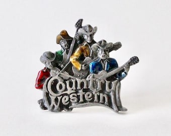 Vintage Bergamot Brass Works Country Western band enamel belt buckle. 1981 Bergamot belt buckle. Cowboy country guitar band belt buckle.