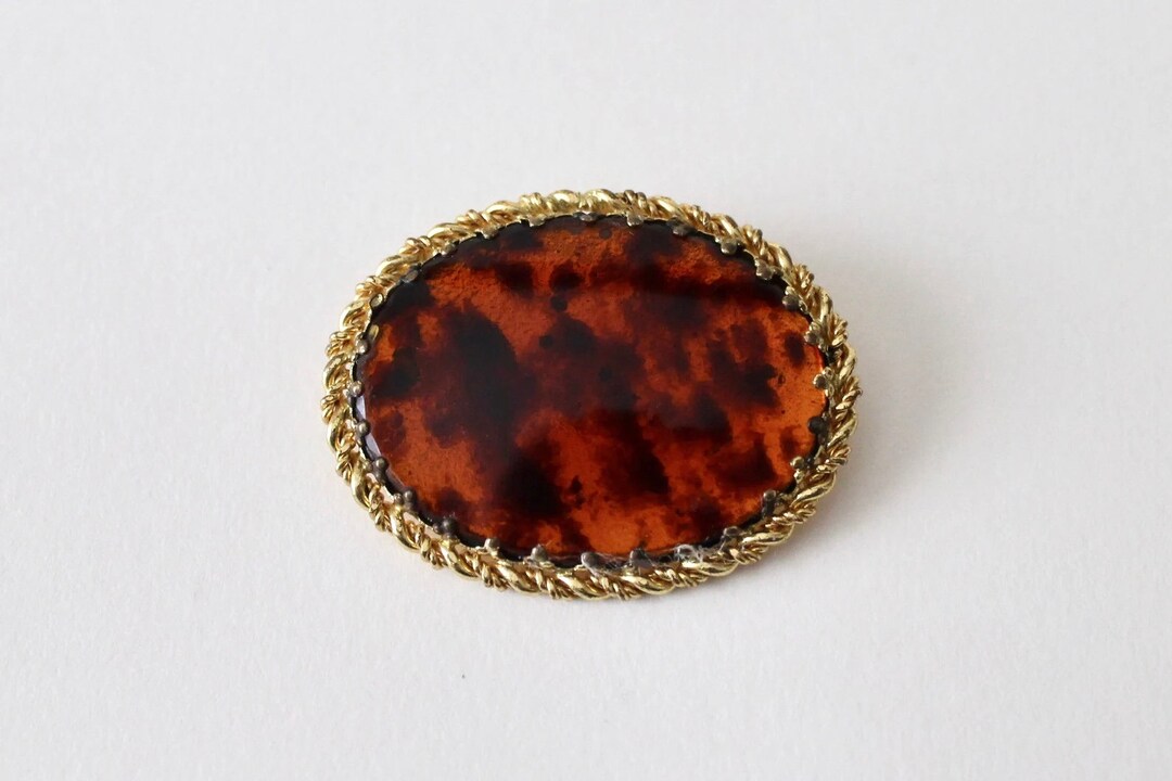 Tortoise Shell Rope Vintage Tortoiseshell Oval Twist Gold Tone Frame Brooch. Faux ...