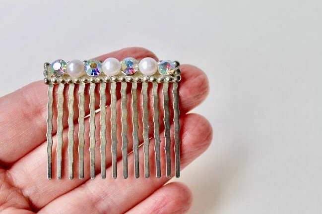 White Opal, Aurora Borealis + Classic Clear Silver Crystal Hair Pin/Comb Vintage Silver Aurora Borealis Rhinestone and Pearl  main image 2