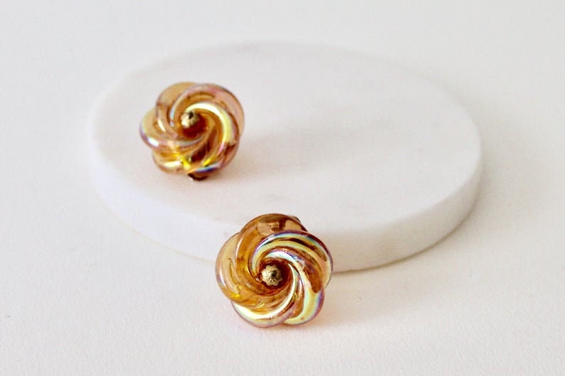 1950/'s twist knot statement orange rainbow coated tubular knot clip on earrings. Vintage orange rainbow lustre knot clip on earrings