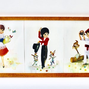 Vintage Lester Spanish embroidered postcards in frame. 3 Postcards of Spanish children. Numbers 510, 519, 521. Spanish girl boy postcards.