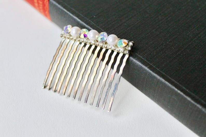 Vintage Silver Aurora Borealis Rhinestone and Pearl  display picture 1