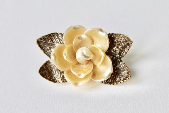 Vintage Czech bronze 3D pearlised rose leaf brooc… - image 4