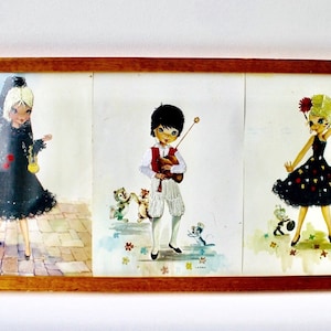 Vintage Lester Spanish embroidered postcards in frame. 3 Postcards of Spanish children. Numbers 513, 517, 523. Spanish girl boy postcards.