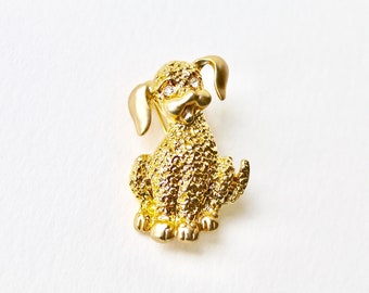 Vintage gold Poodle rhinestone brooch. Poodle brooch. Gold texture Poodle dog brooch. Rhinestone eye dog brooch. Gold 80's poodle dog brooch