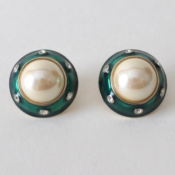 Vintage 1980's green enamel faux pearl clear bezel set rhinestone stud earrings. Chanel style emerald green 3D dome shape enamel earrings.