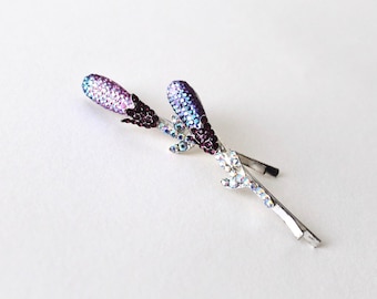 Vintage aurora borealis rhinestone abstract tulip pair of floral hair barrettes. Purple lavender rainbow rhinestone flower leaf hair slide.