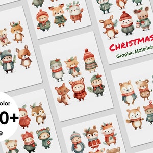 May include: A collection of white cards featuring watercolor illustrations of woodland animals wearing winter clothing like red hats and scarves. The text CHRISTMAS Graphic Materials and Watercolor 1000+ Style is visible on the cards.