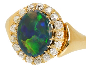 MARKED DOWN!  Antique Edwardian Australian Fine Black Opal Diamond Ring Cluster Halo Unisex Mens Estate 18k Yellow Gold  Vintage | 21111