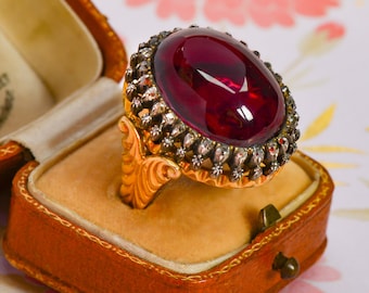 Marked Down! Victorian Pyrope Garnet Cabochon Ring: 18k Gold Diamond Cluster, c. 1870