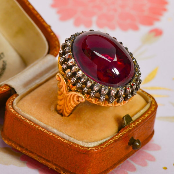 MARKED DOWN! Rare Victorian 30 Carat Pyrope Cabochon Garnet Ring Old Mine 18k Gold Mens Unisex c. 1870 Cluster 19th Century | 21349