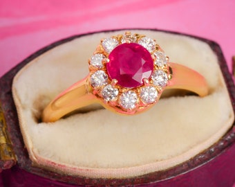 Vintage Natural Ruby Diamond Cluster Ring Engagement Wedding Halo Estate Yellow Gold Stackable Right Hand Eco Friendly | 21514