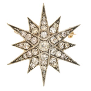 Victorian Diamond Star Brooch Pendant: 1880s Old Mine Cut Diamonds, 18k Gold