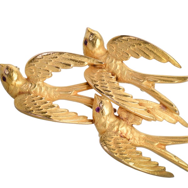 Riker Bros. Barn Swalllows Brooch Pin Antique 14k Yellow Gold Signed Art Nouveau Ruby Eyes Circa 1900 Estate Vintage Birds Avian | 21868