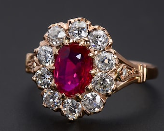 Vintage Natural Oval Ruby Diamond Cluster Ring Engagement Wedding Halo Estate 18k Rose Gold Right Hand Eco Friendly Gemstone | 21514