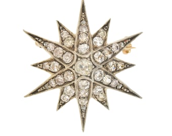 Victorian Diamond Star Brooch Pendant: 1880s Old Mine Cut Diamonds, 18k Gold