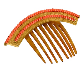 Victorian Antique Coral Beaded Hair Comb Bridal Estate Vintage 19th C. Hair Accessory Greek Key Design | 21783