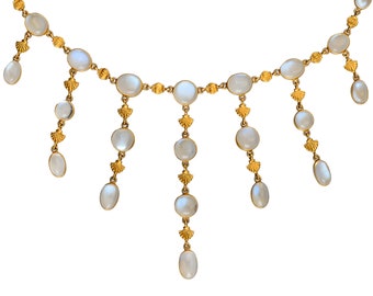 Art Nouveau Moonstone Fringe Necklace: 15k Gold Antique Edwardian Jewelry