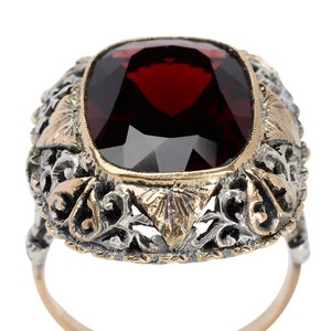 Antique Large Garnet Ring Lacy Setting Cushion Cut Silver & Rose Gold Evocative Statement Ring Vintage Estate Red Wine Color image 7