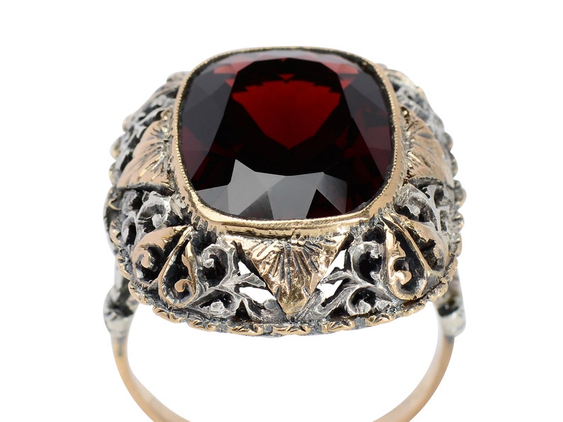 Antique Large Garnet Ring Lacy Setting Cushion Cut Silver & Rose Gold Evocative Statement Ring Vintage Estate Red Wine Color image 7