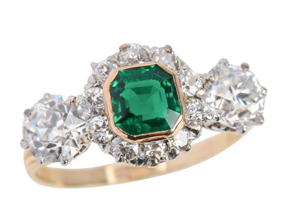 Colombian Emerald Diamond Ring 14k Yellow Gold Ol… - image 2