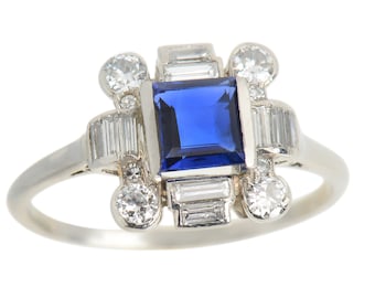 SEGNATO GIÙ! Art Déco platino zaffiro naturale baguette anello di diamanti matrimonio fidanzamento taglio quadrato dichiarazione vintage c. 1930 / 21373