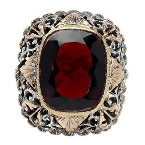 Antique Large Garnet Ring Lacy Setting Cushion Cut Silver & Rose Gold Evocative Statement Ring Vintage Estate Red Wine Color image 2