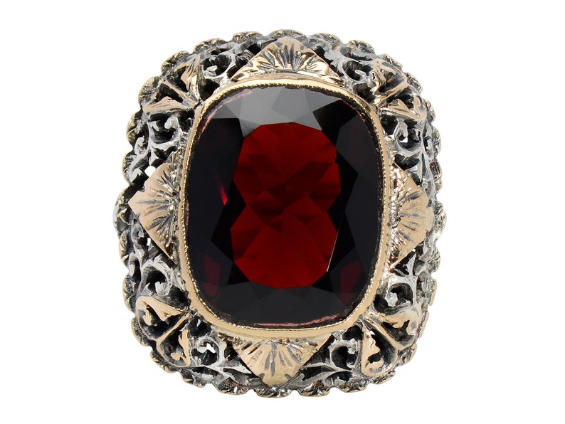 Antique Large Garnet Ring Lacy Setting Cushion Cut Silver & Rose Gold Evocative Statement Ring Vintage Estate Red Wine Color image 2