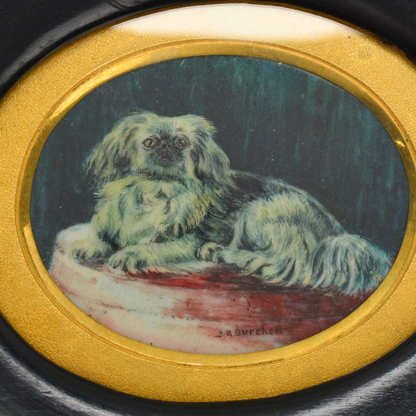 Antique Dog Pekingese Miniature Portrait Dinkie Wu Signed Listed Artist Victorian Oval Framed Dog Painting English 19th Century  | 10697